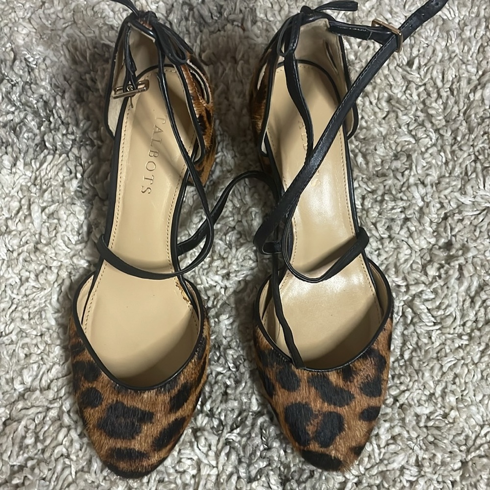 Talbots Isa Criss Cross Calf Hair Leopard Print Block Heel Dress